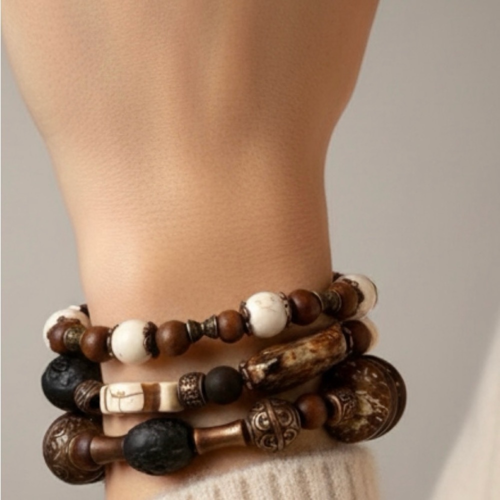 Handmade Boho Bracelet Bundle | Wood, Stone, Earthy Neutrals (Set of 3) - Picture 1 of 6